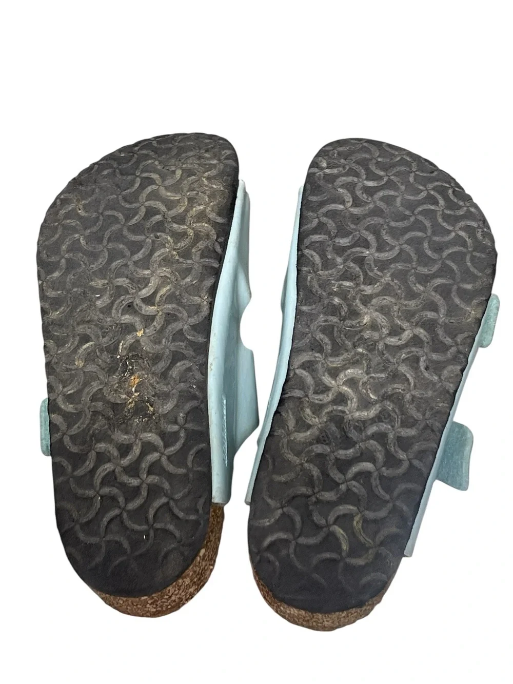 Birkenstock Arizona light blue patent leather two strap sandals